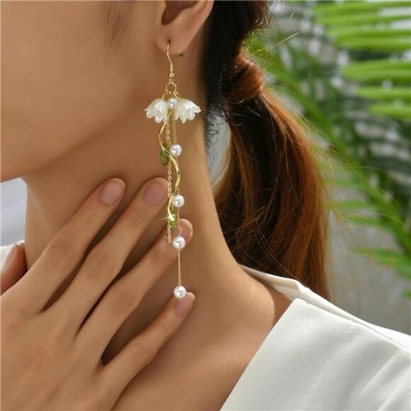 🌸 Lily of the Valley Earrings | Faux Pearl Dangle | Elegant Floral Jewelry - Picture 3 of 5